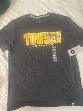 Towson University tigers unisex NWT Russell Athletic Black Graphic Tee Gold Logo